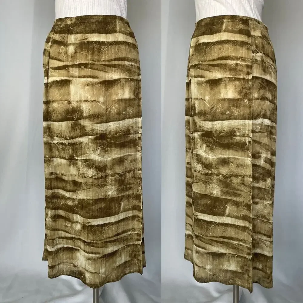 Boho Midi Skirt Size Small Green Brown Abstract Crinkle Pleated Fairy Whimsigoth